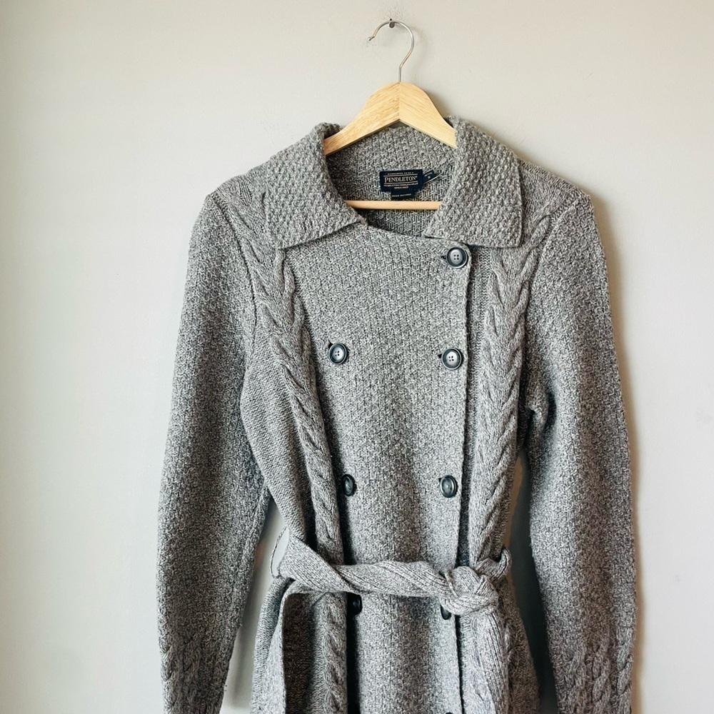 Pendleton Gray Belted Cable Knit Sweater Rare - image 2